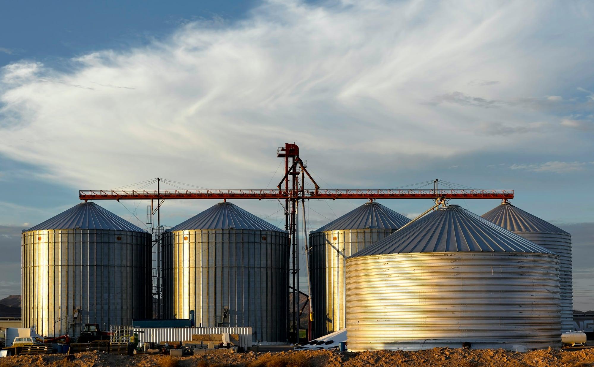 Row of steel grain silos beside a storage warehouse under a clear sky